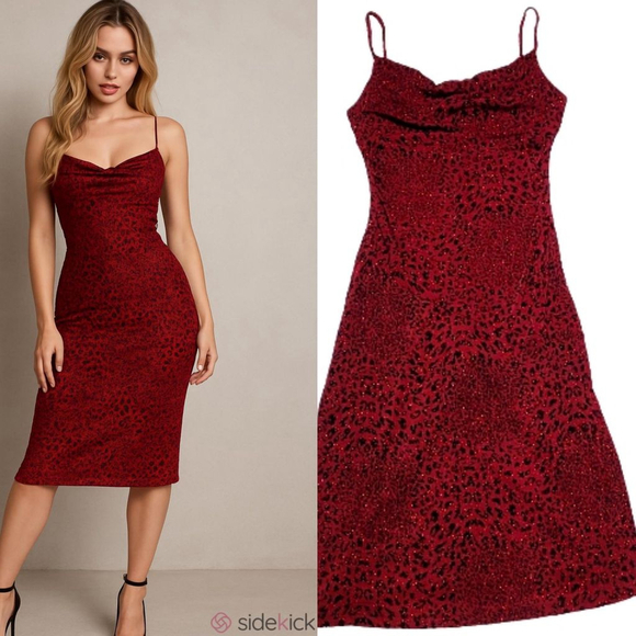 I.N. SAN FRANCISCO Dresses & Skirts - I.N. San Francisco Garnet Red Metallic Jaguar Print Cowlneck Bodycon Mini Dress